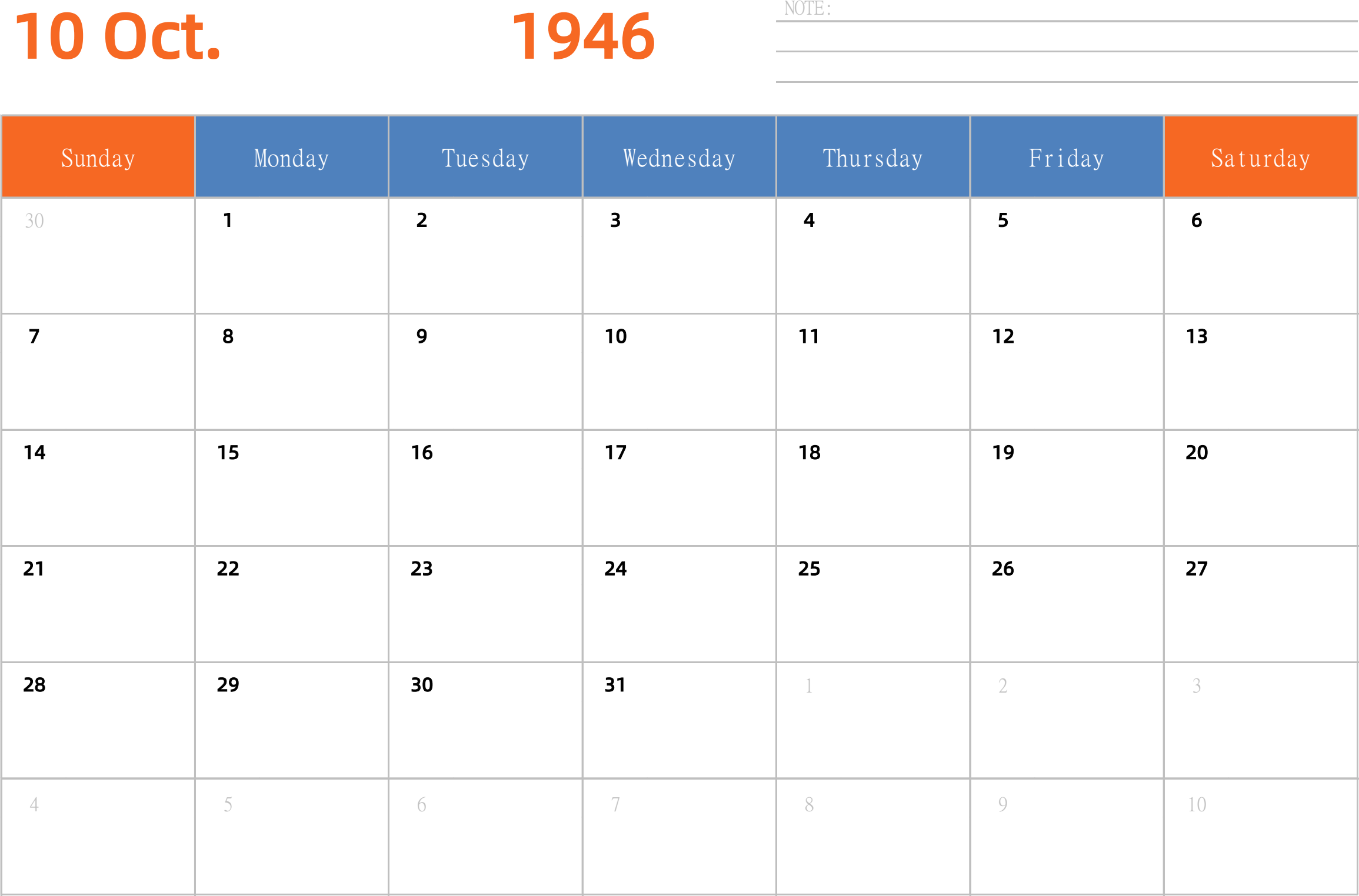 日历表1946年日历 英文版 横向排版 周日开始